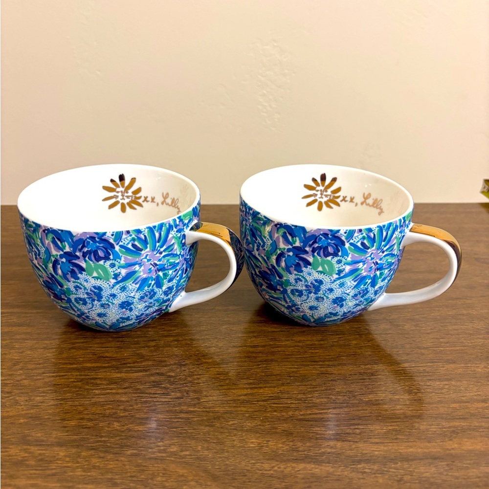 Lilly Pulitzer Floral Blue & Gold Mugs set of 2